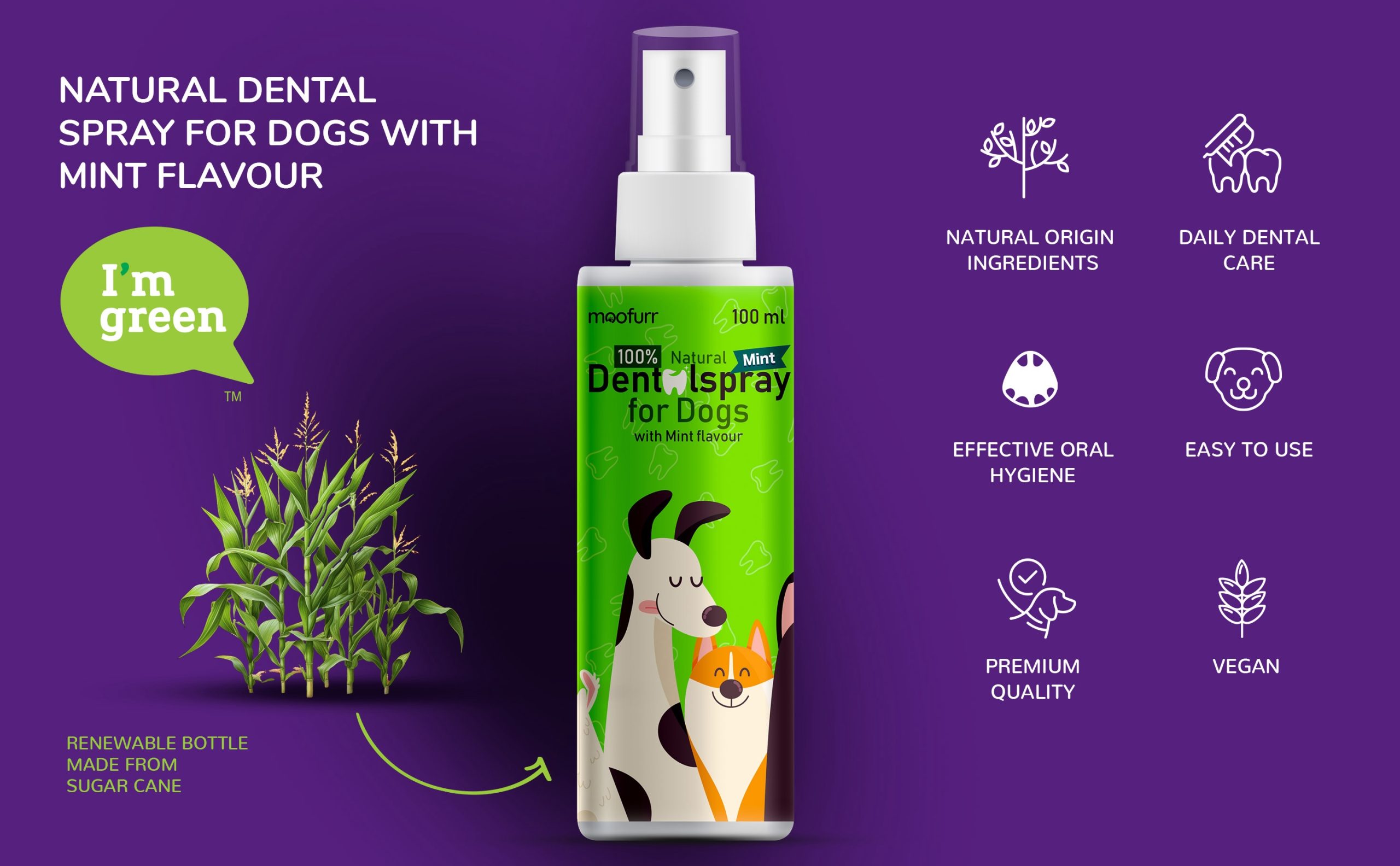 Moofurr Dentalspray for Dogs, Natural with Mint Flavour, Renewable bottle made from sugar cane