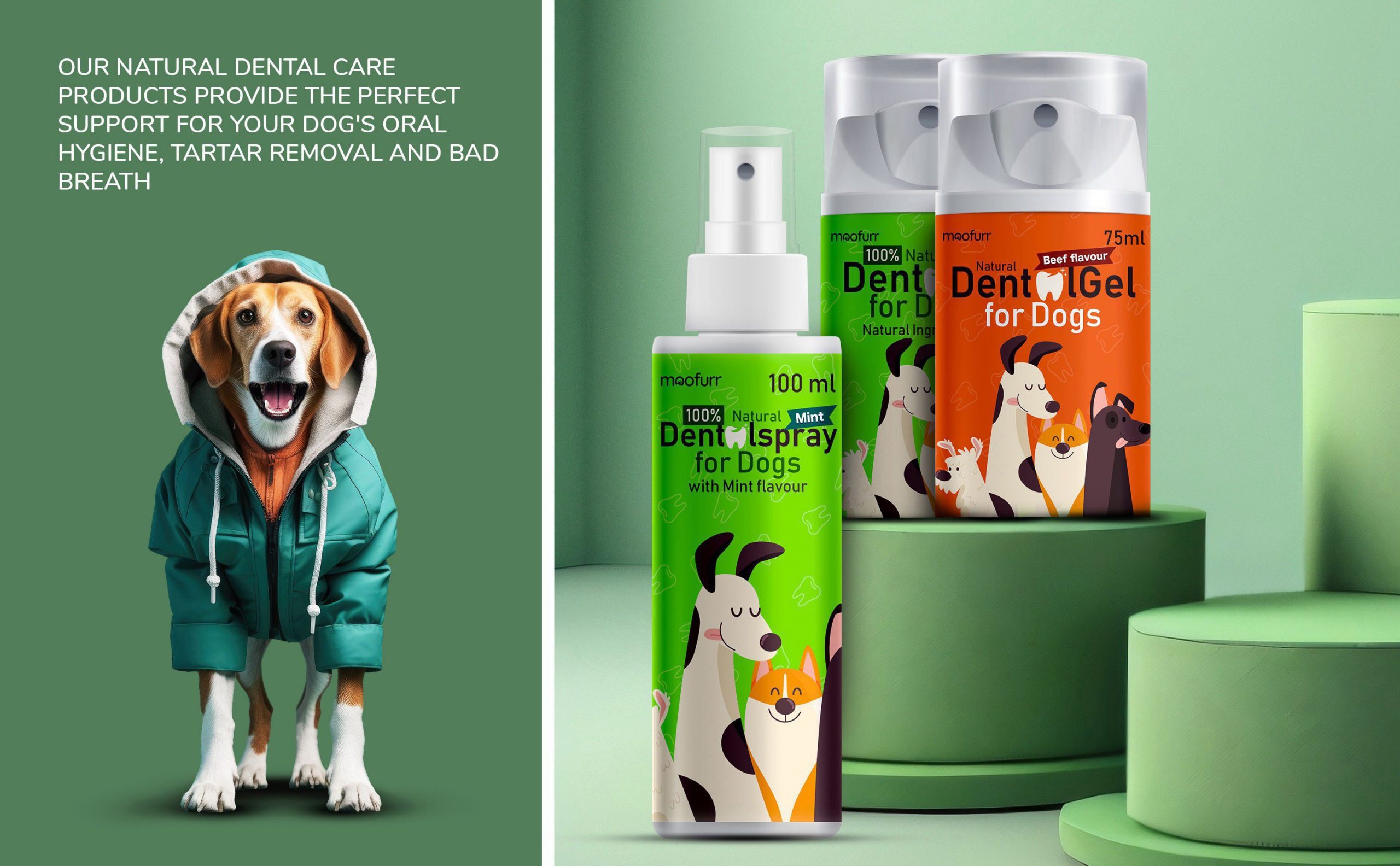 Moofurr natural dental care. Products provide the perfect support for your dog's oral hygiene, tartar removal and bad breath